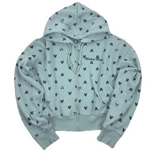 Disney Mickey Mouse Zip Up Hoodie Womens Large Sage Green All Over Print Cropped